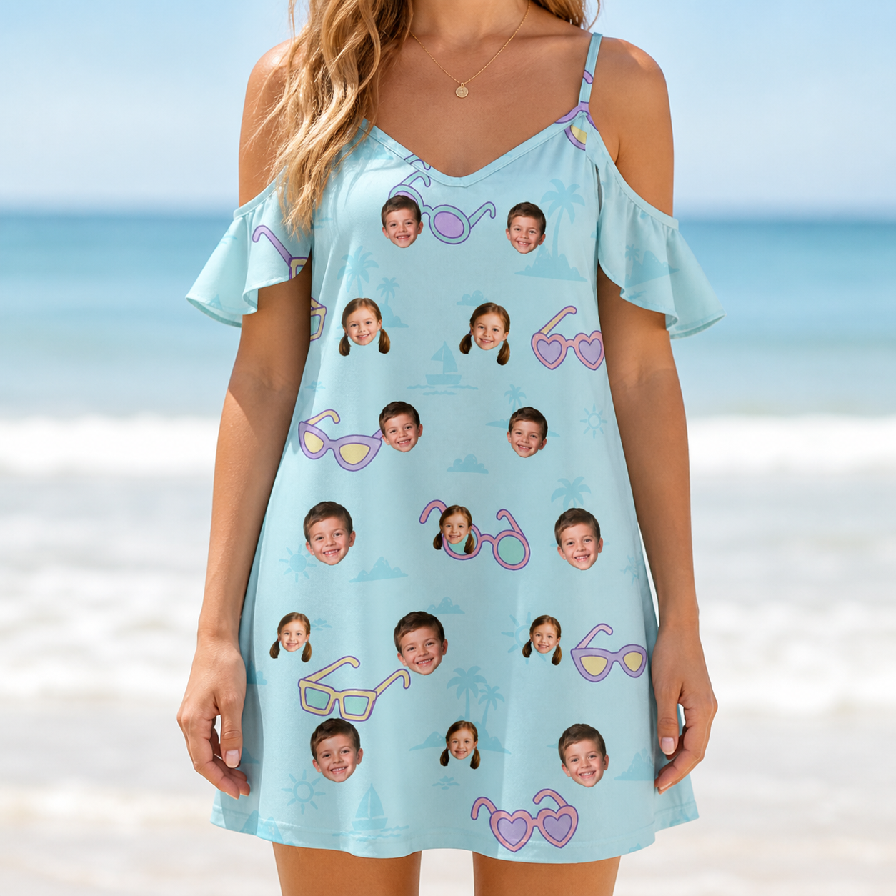 Model wearing Women's Sunny Specs Custom Face Off-Shoulder Dress printed with kids' faces