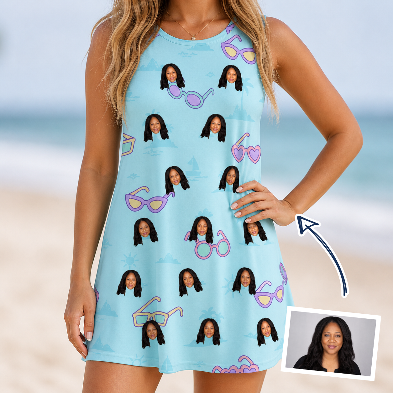Woman wearing Women's Sunny Specs Custom Face Tank Dress — custom faces printed all-over
