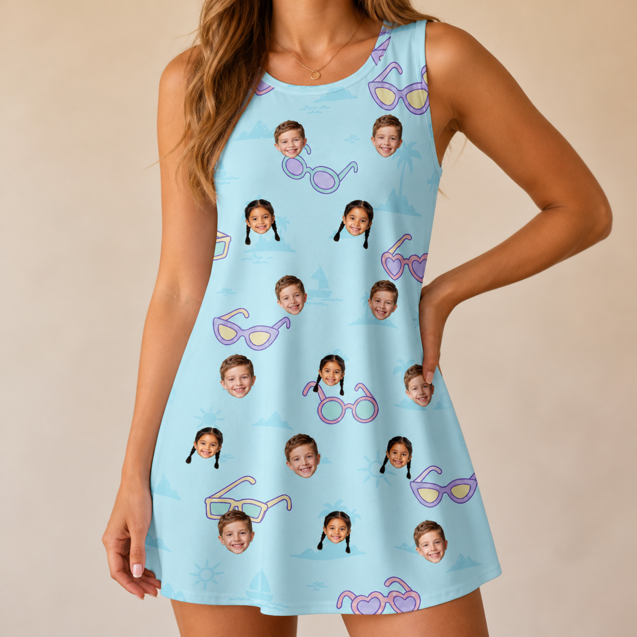 Model wearing Women's Sunny Specs Custom Face Tank Dress printed with kids' faces