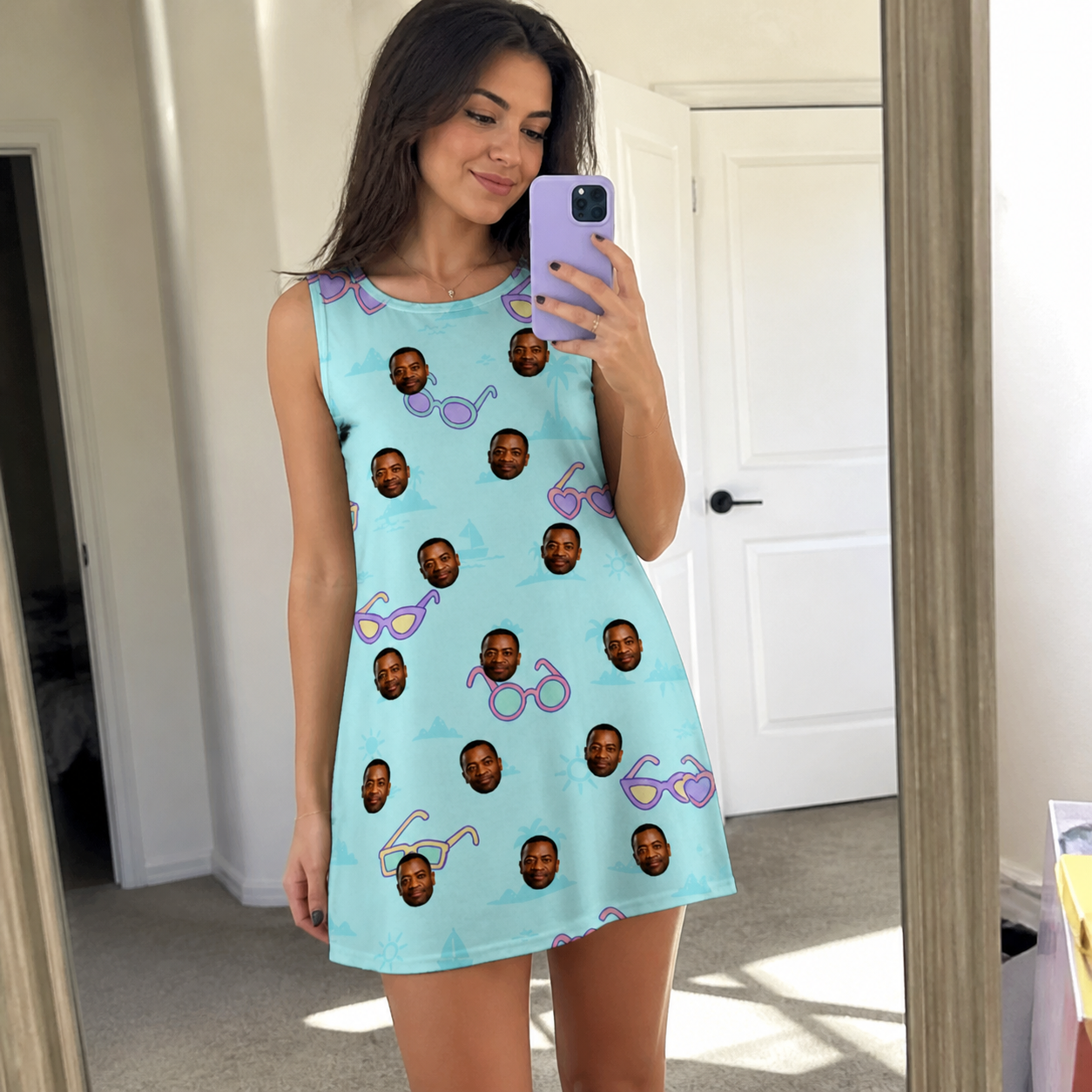 Real-life photo of someone wearing Women's Sunny Specs Custom Face Tank Dress — custom faces printed all-over