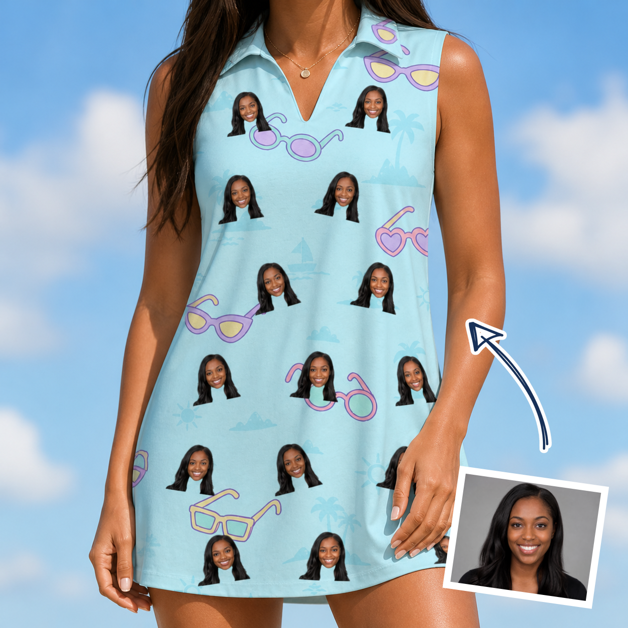 Woman wearing Women's Sunny Specs Custom Face V-Neck Dress — custom faces printed all-over