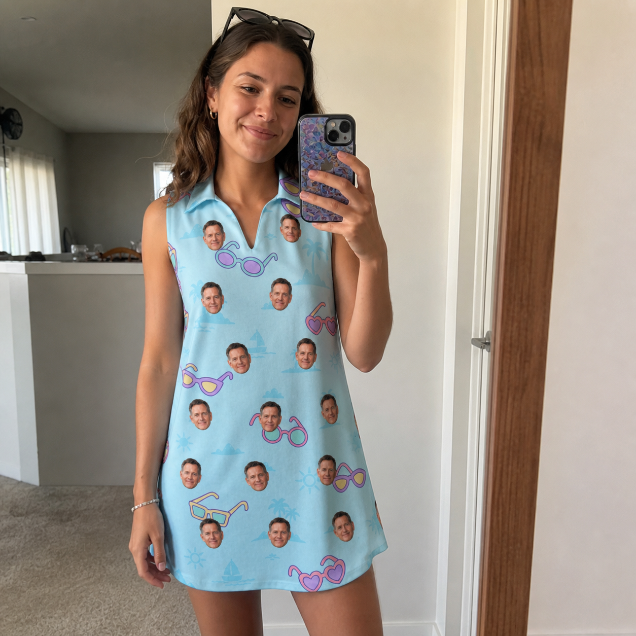 Real-life photo of someone wearing Women's Sunny Specs Custom Face V-Neck Dress — custom faces printed all-over