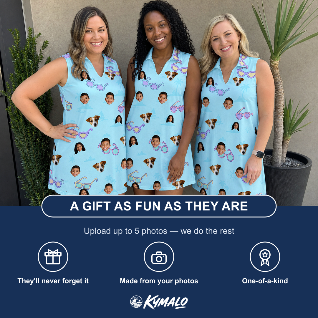 Friends in matching Women's Sunny Specs Custom Face V-Neck Dress — a group gift photo