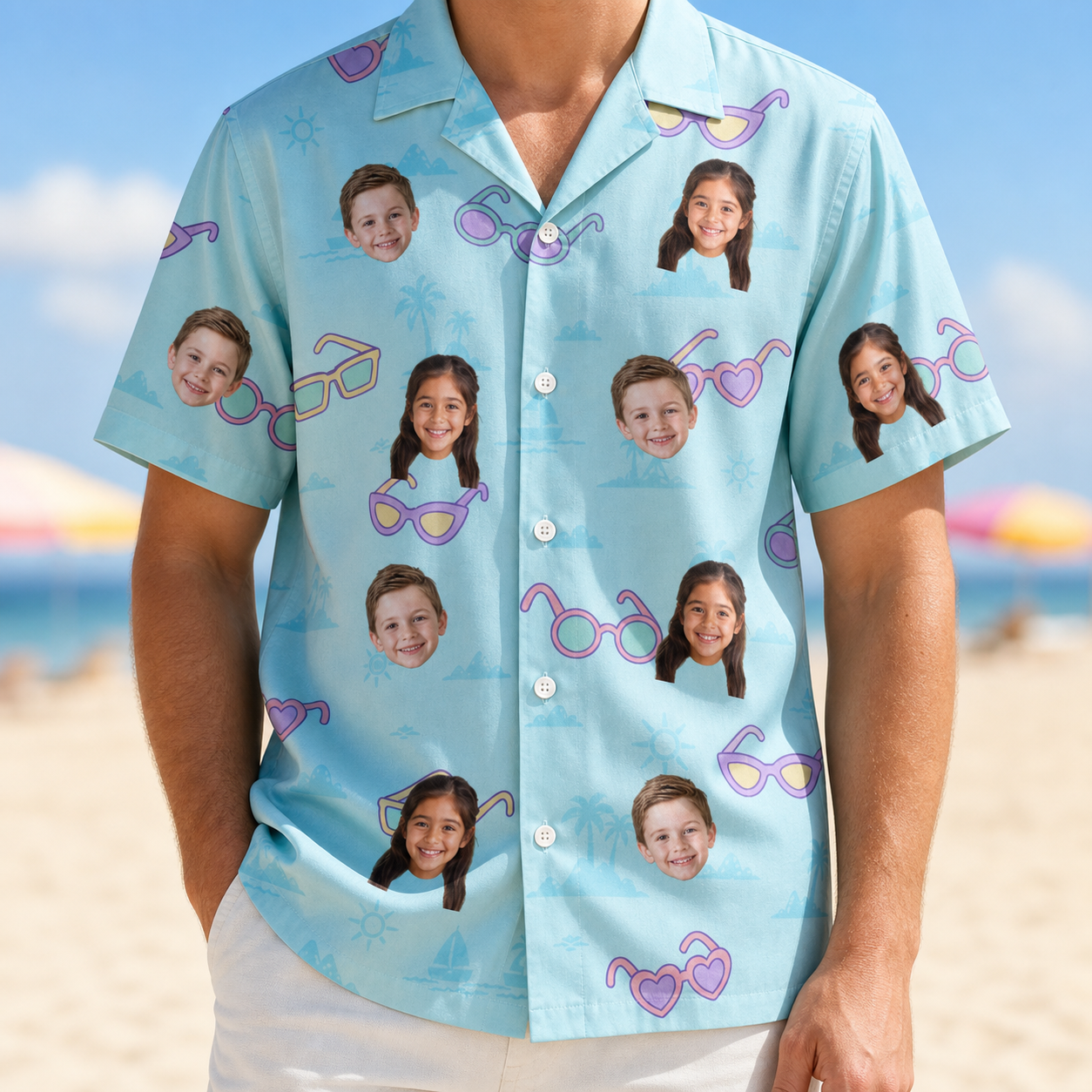 Model wearing Men's Sunny Specs Custom Face Hawaiian Shirt printed with kids' faces
