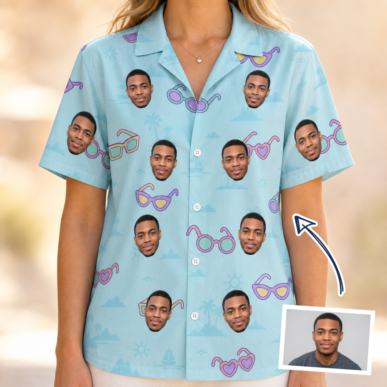 Woman wearing Women's Sunny Specs Custom Face Hawaiian Shirt — custom faces printed all-over