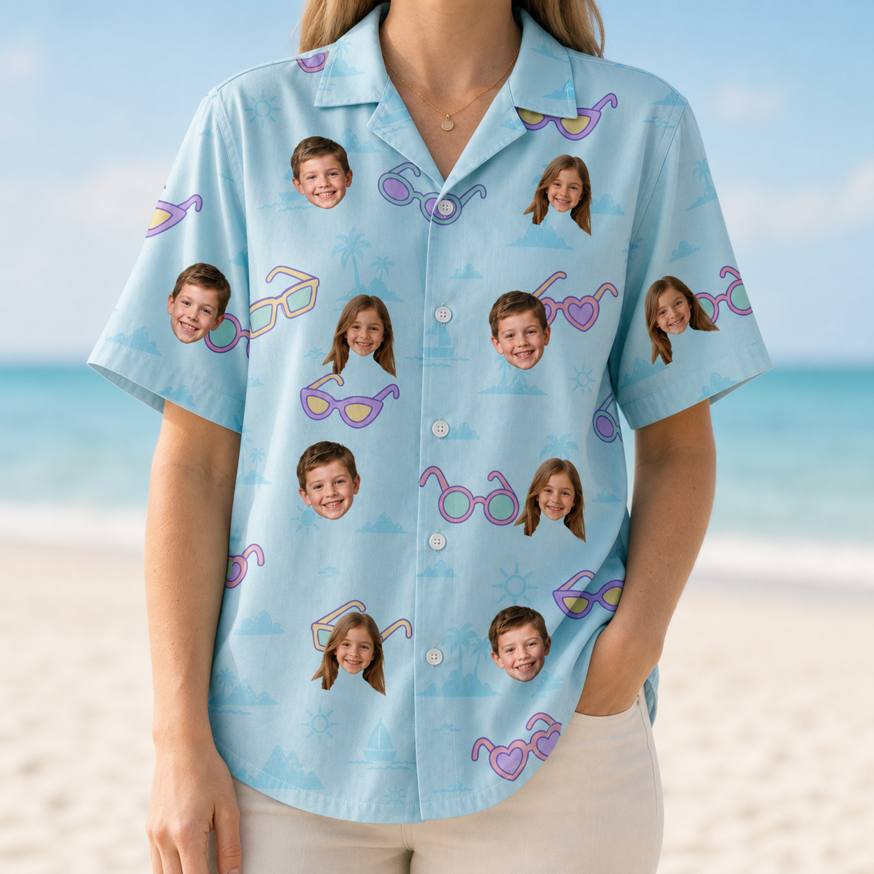 Model wearing Women's Sunny Specs Custom Face Hawaiian Shirt printed with kids' faces
