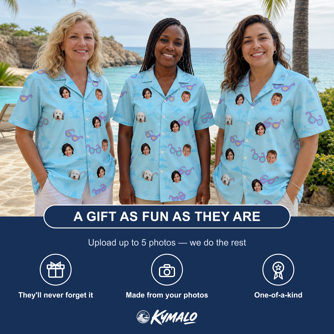 Friends in matching Women's Sunny Specs Custom Face Hawaiian Shirt — a group gift photo