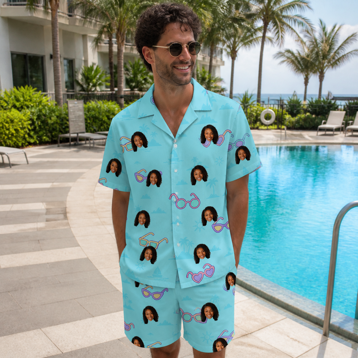 Real-life photo of someone wearing Men's Sunny Specs Custom Face Shirt & Shorts Set — custom faces printed all-over
