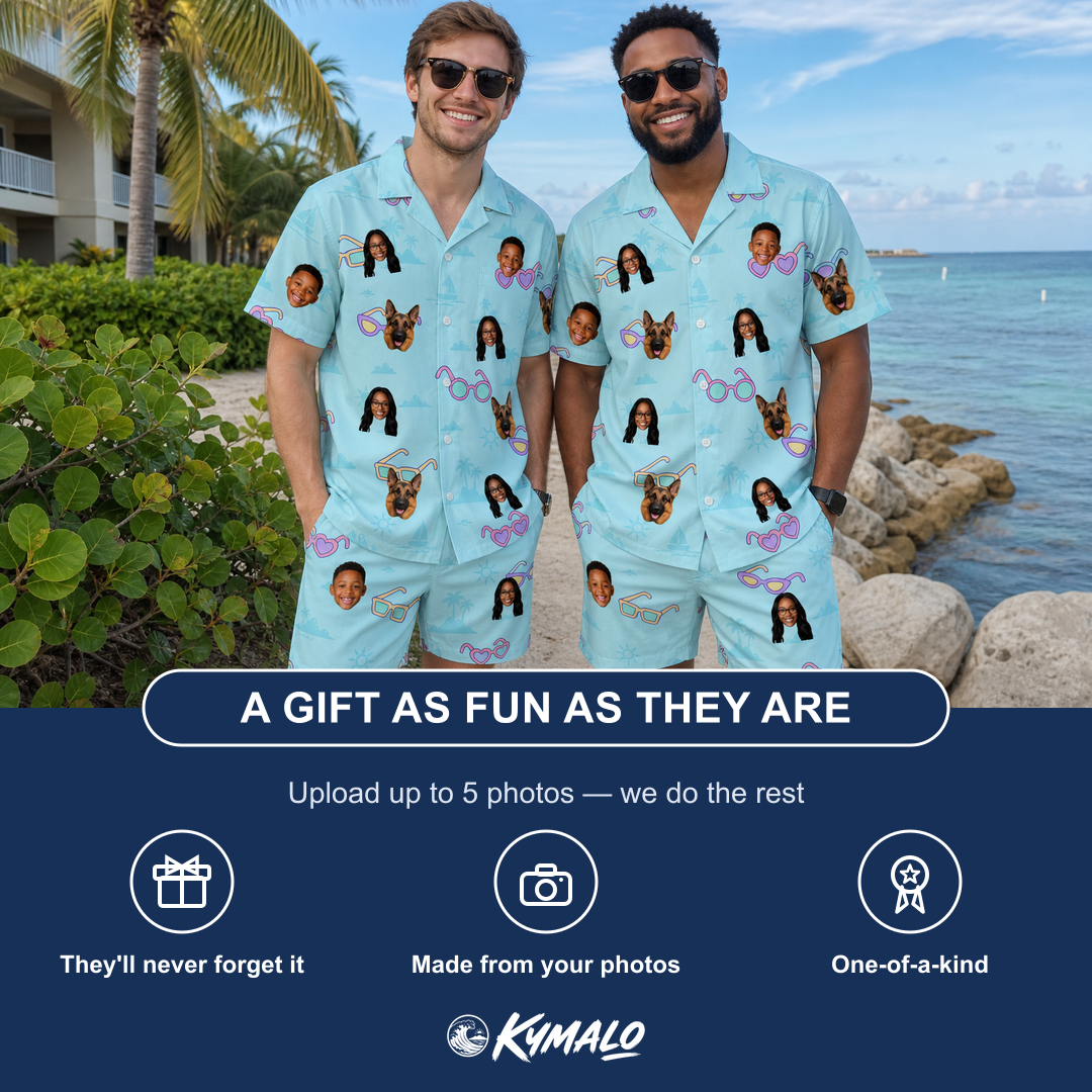 Friends in matching Men's Sunny Specs Custom Face Shirt & Shorts Set — a group gift photo