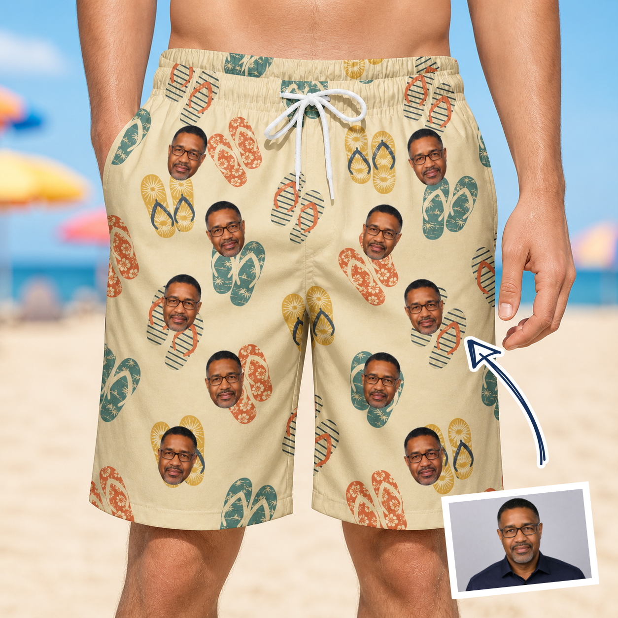 Man wearing Men's Strap Squad Custom Face Beach Shorts — custom faces printed all-over
