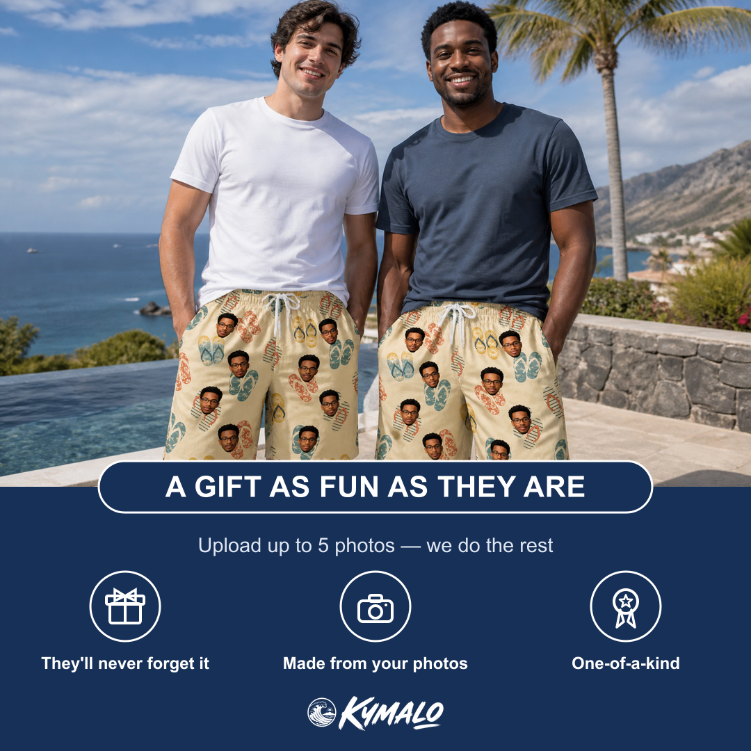 Friends in matching Men's Strap Squad Custom Face Beach Shorts — a group gift photo