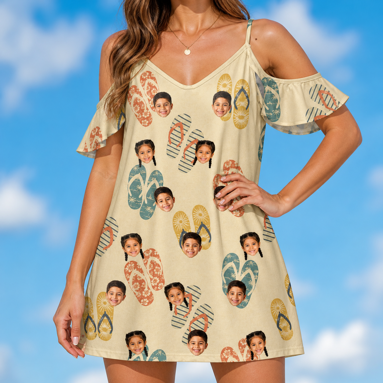 Model wearing Women's Strap Squad Custom Face Off-Shoulder Dress printed with kids' faces