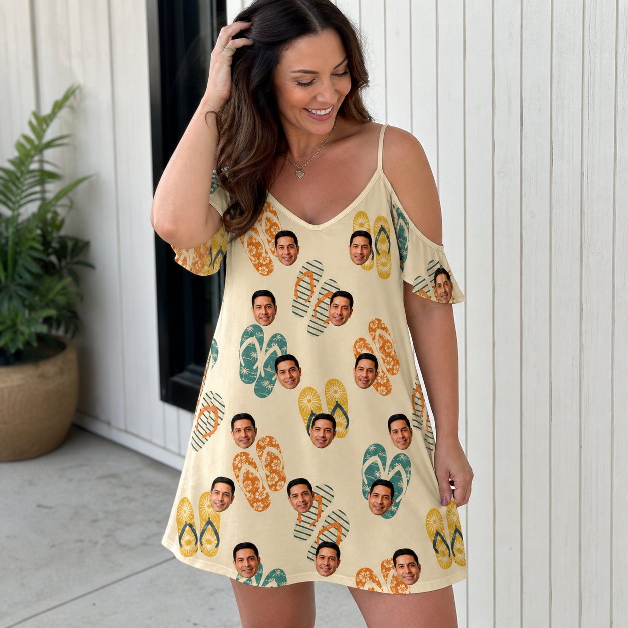 Real-life photo of someone wearing Women's Strap Squad Custom Face Off-Shoulder Dress — custom faces printed all-over