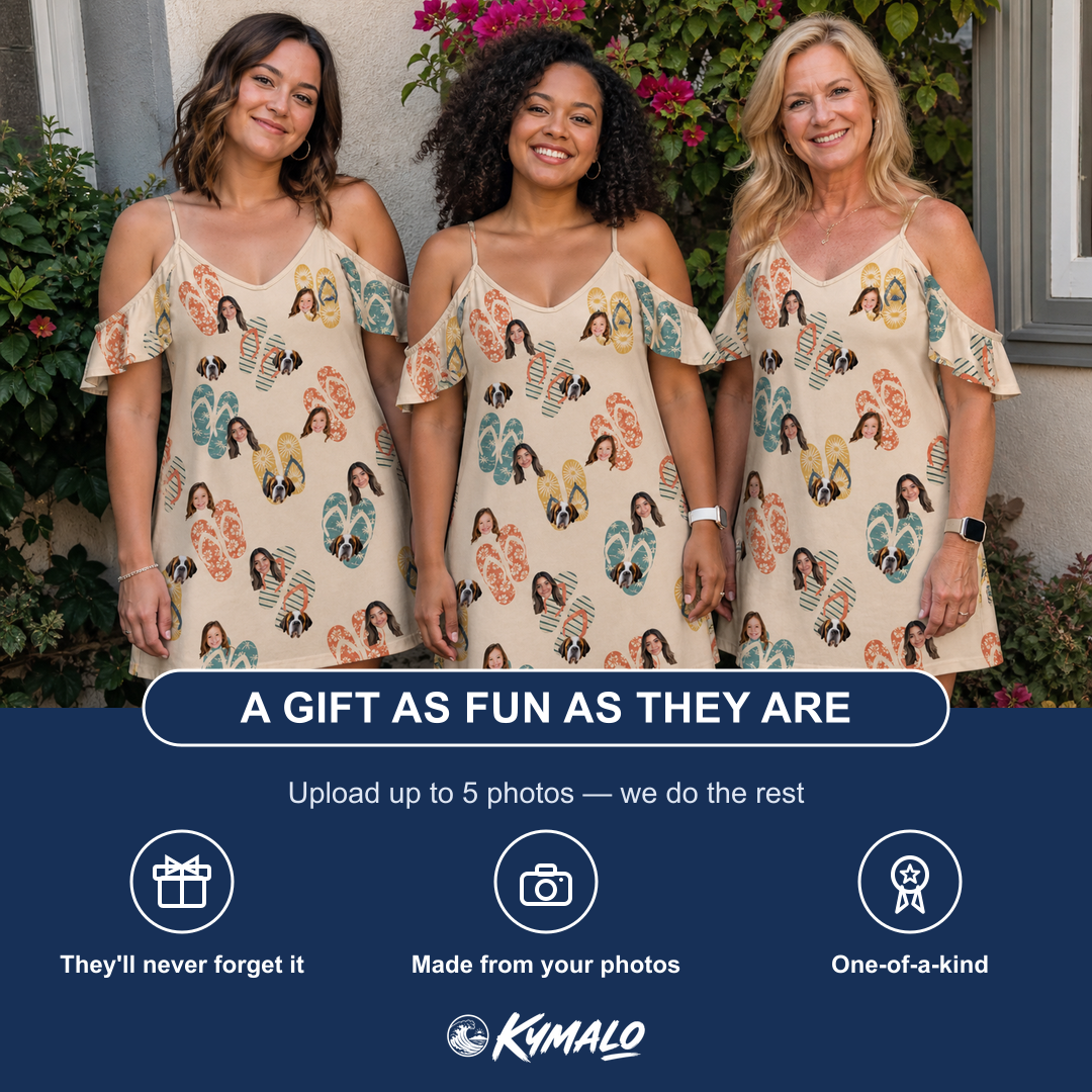 Friends in matching Women's Strap Squad Custom Face Off-Shoulder Dress — a group gift photo