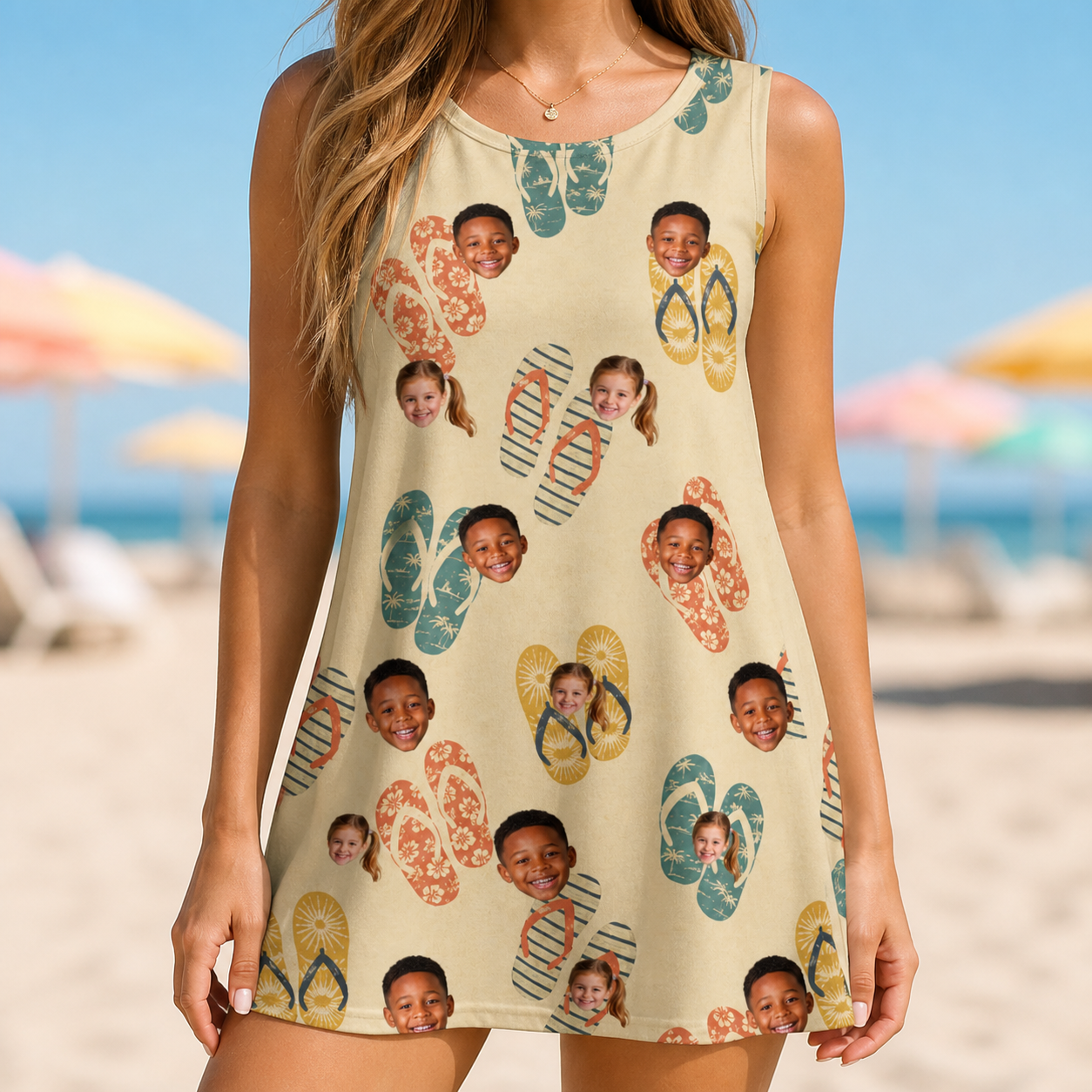 Model wearing Women's Strap Squad Custom Face Tank Dress printed with kids' faces