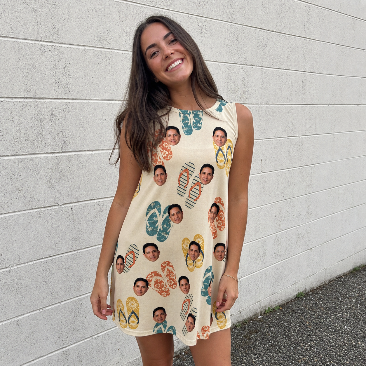 Real-life photo of someone wearing Women's Strap Squad Custom Face Tank Dress — custom faces printed all-over