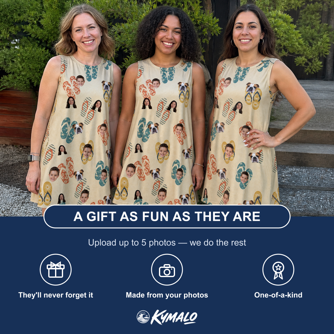 Friends in matching Women's Strap Squad Custom Face Tank Dress — a group gift photo