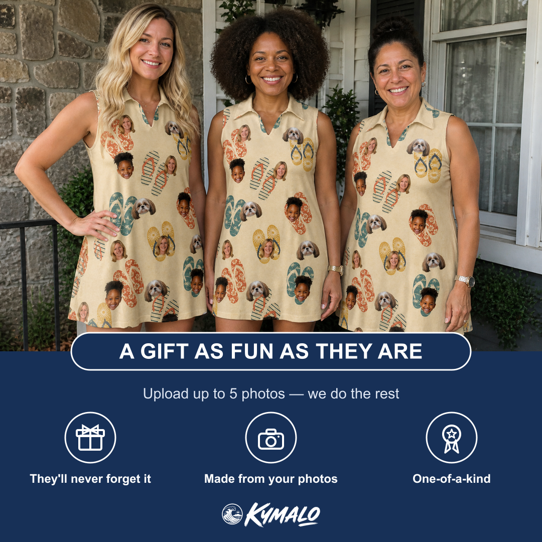 Friends in matching Women's Strap Squad Custom Face V-Neck Dress — a group gift photo