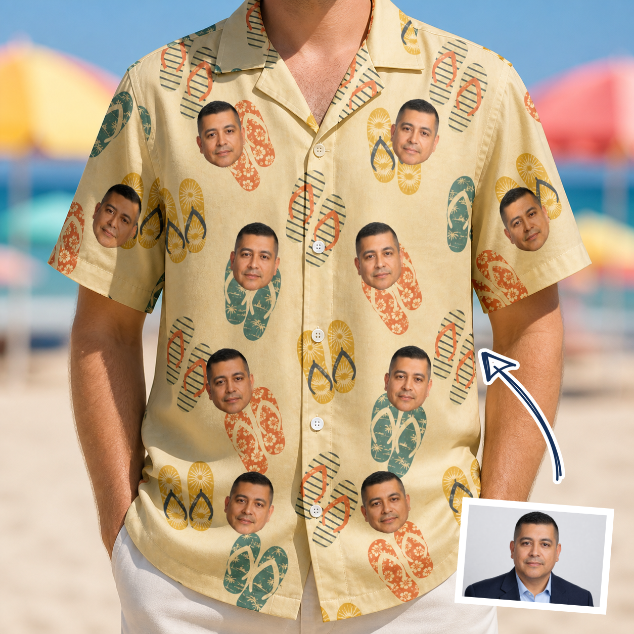 Man wearing Men's Strap Squad Custom Face Hawaiian Shirt — custom faces printed all-over