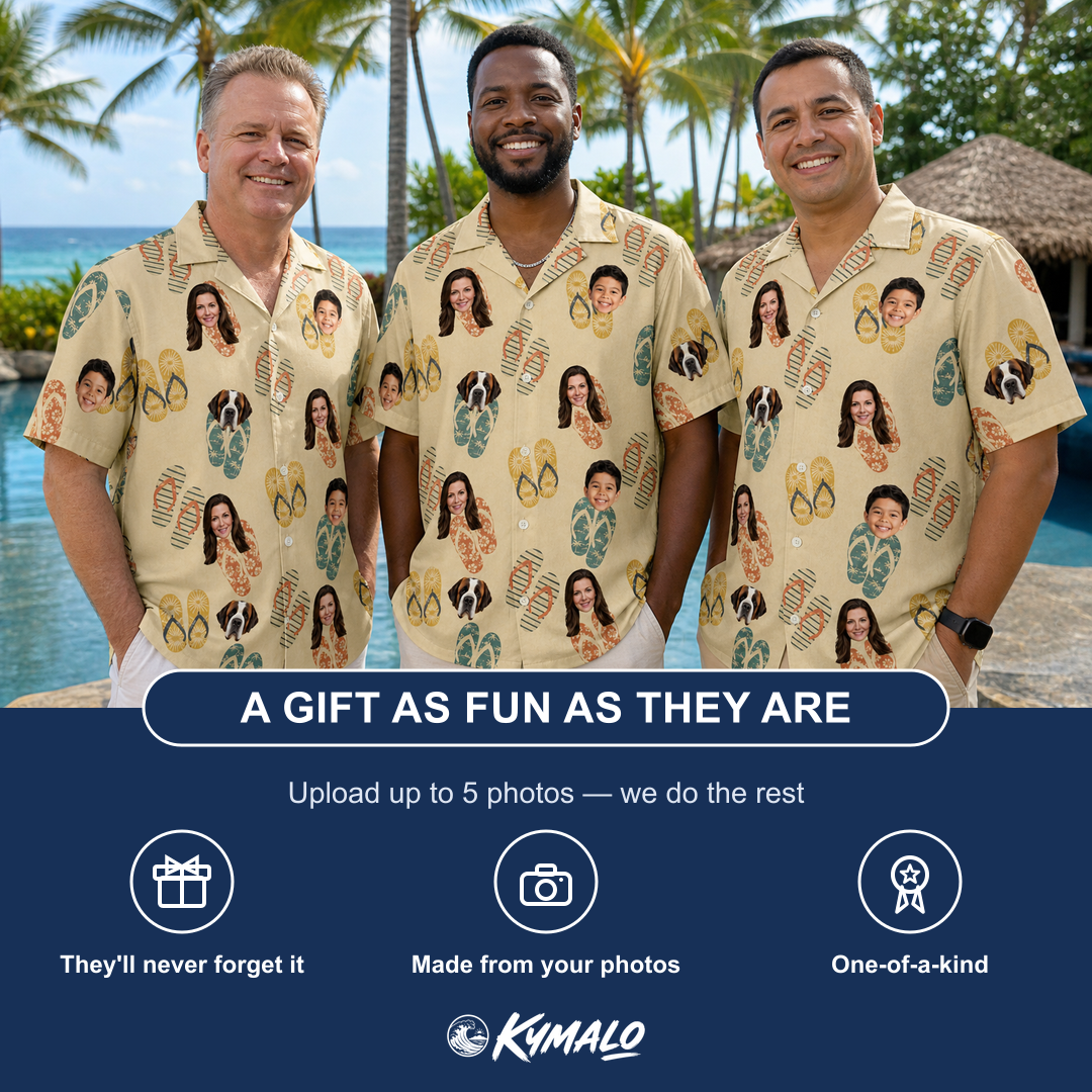Friends in matching Men's Strap Squad Custom Face Hawaiian Shirt — a group gift photo
