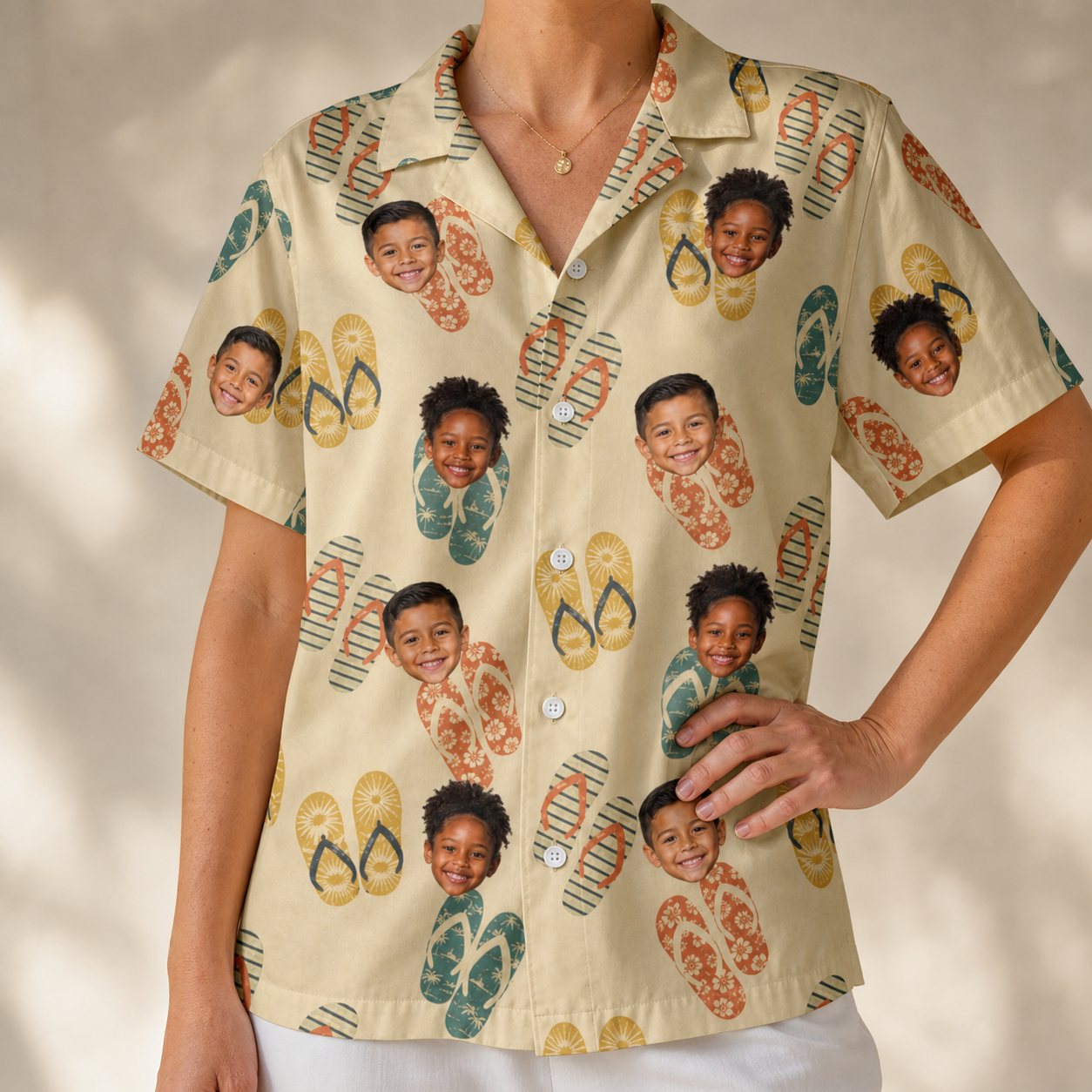 Model wearing Women's Strap Squad Custom Face Hawaiian Shirt printed with kids' faces