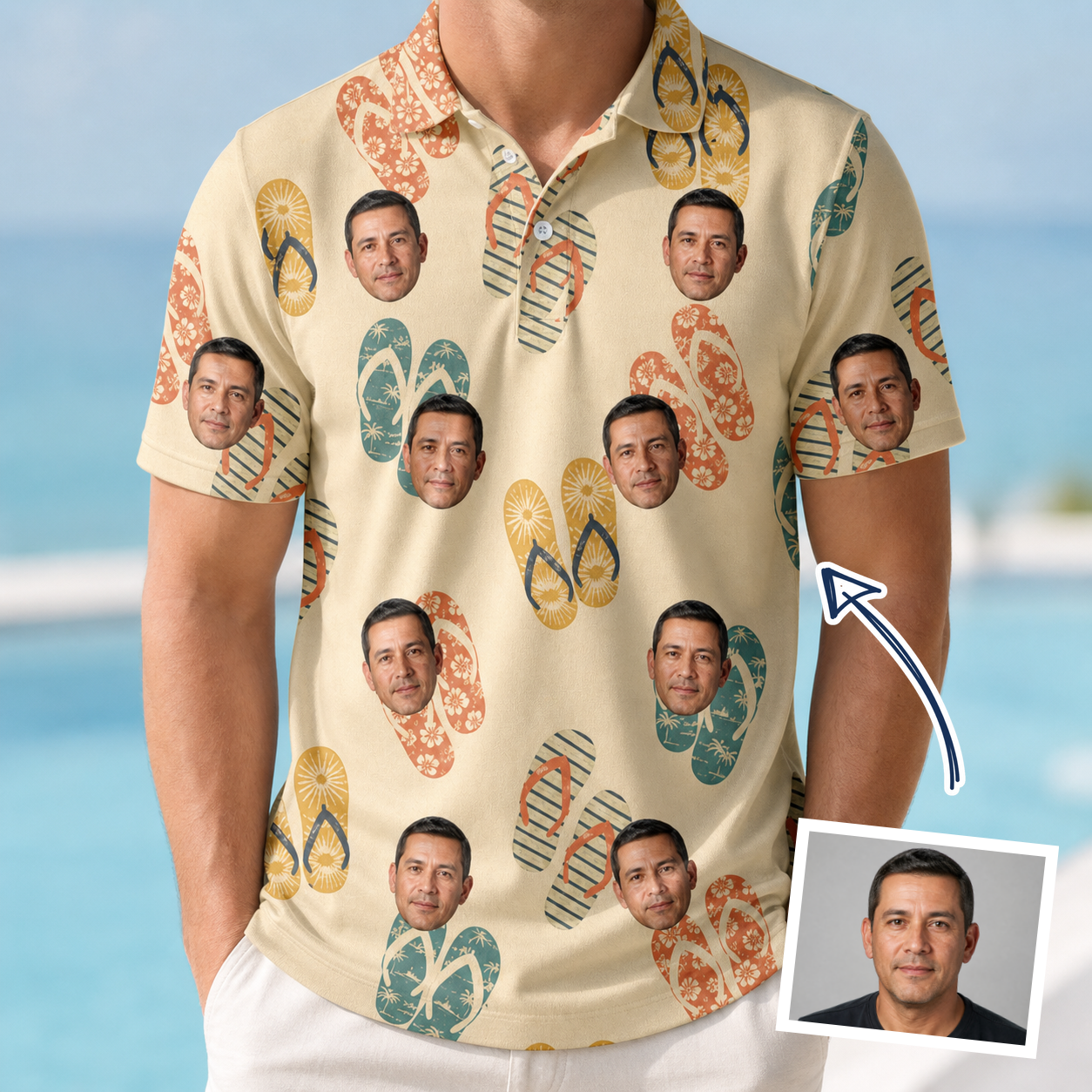 Man wearing Men's Strap Squad Custom Face Polo Shirt — custom faces printed all-over