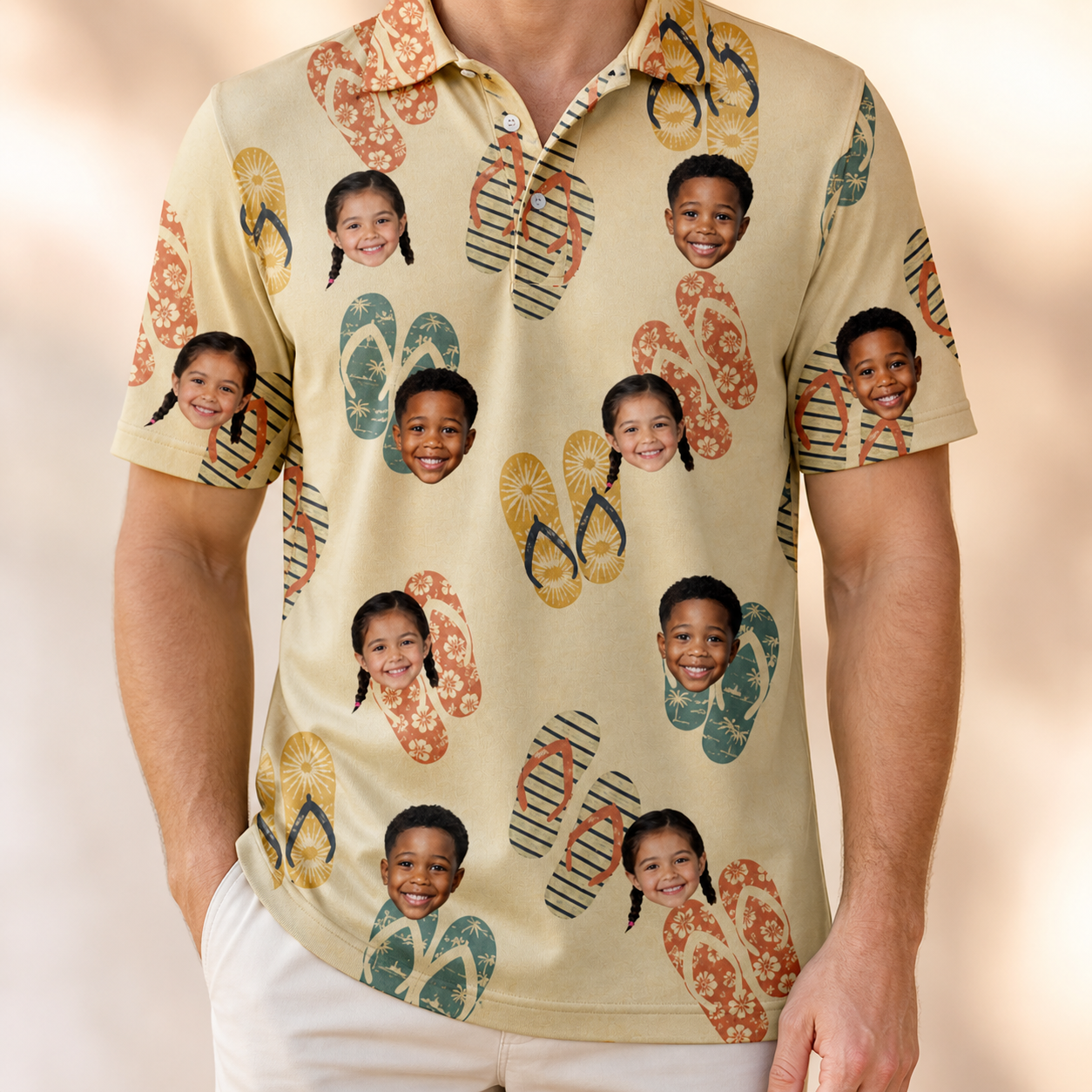 Model wearing Men's Strap Squad Custom Face Polo Shirt printed with kids' faces