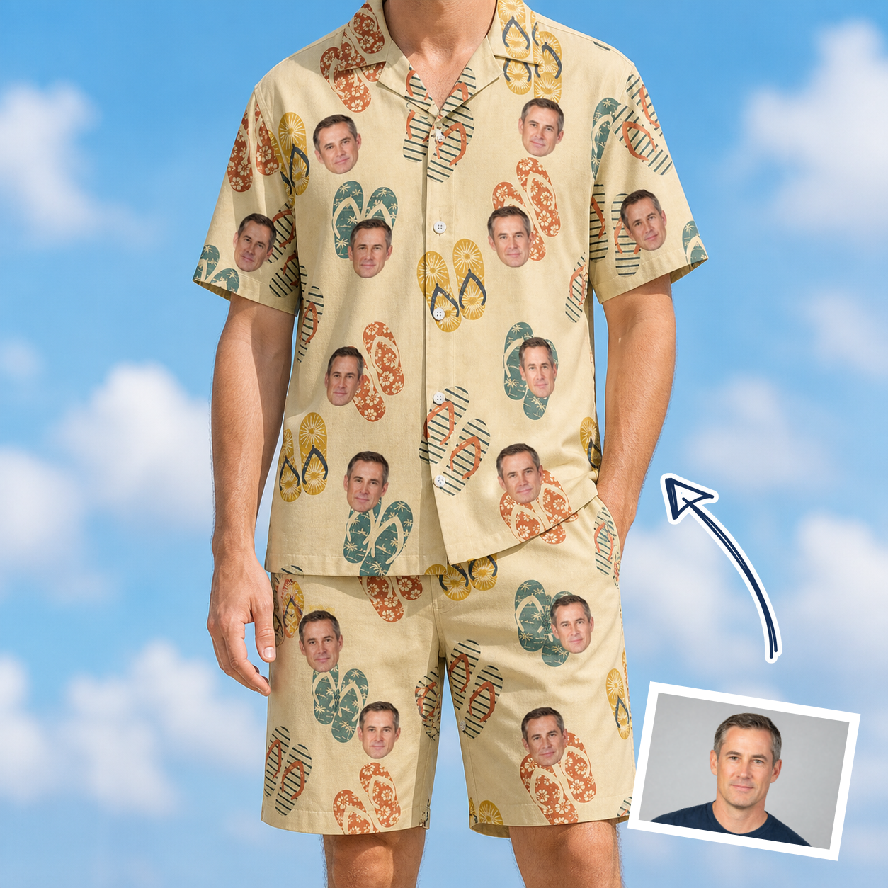 Man wearing Men's Strap Squad Custom Face Shirt & Shorts Set — custom faces printed all-over