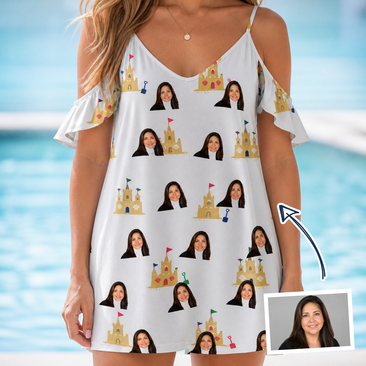 Woman wearing Women's Dune Dynasty Custom Face Off-Shoulder Dress — custom faces printed all-over