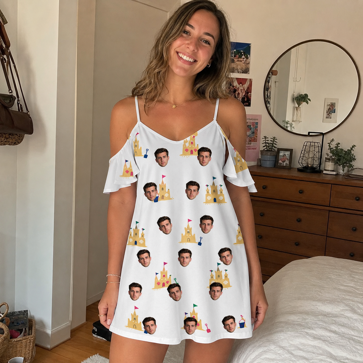 Real-life photo of someone wearing Women's Dune Dynasty Custom Face Off-Shoulder Dress — custom faces printed all-over