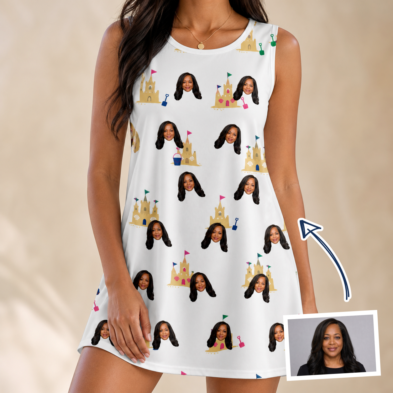 Woman wearing Women's Dune Dynasty Custom Face Tank Dress — custom faces printed all-over