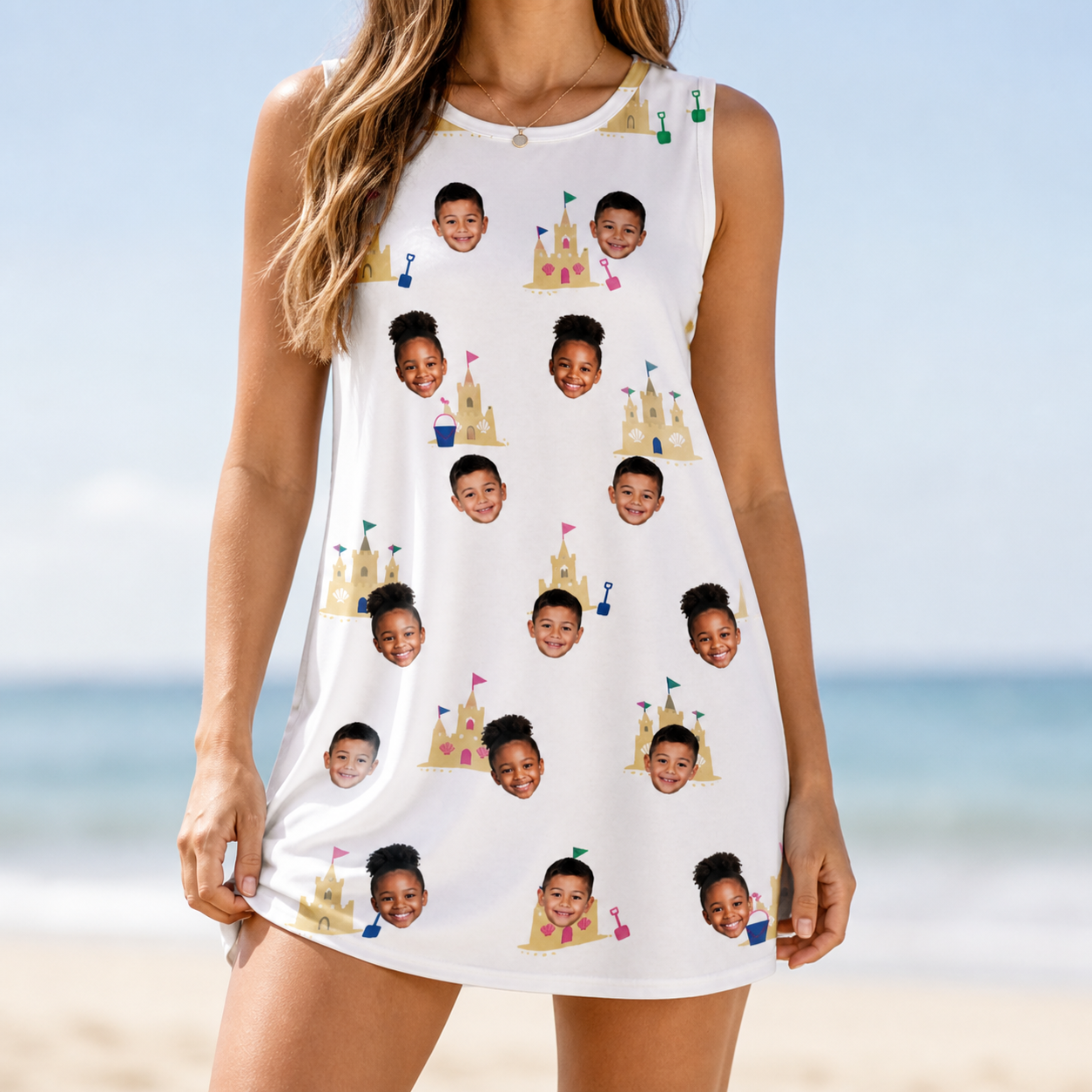 Model wearing Women's Dune Dynasty Custom Face Tank Dress printed with kids' faces
