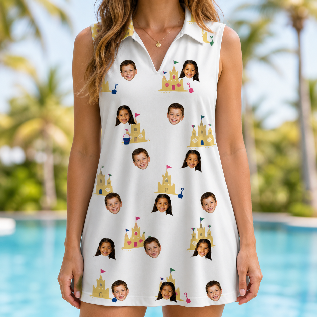 Model wearing Women's Dune Dynasty Custom Face V-Neck Dress printed with kids' faces