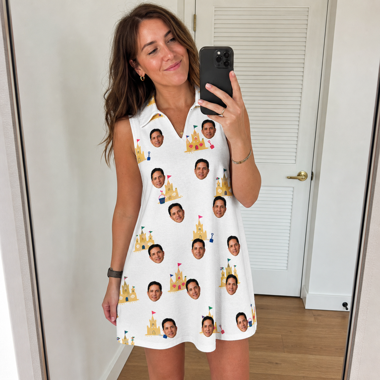 Real-life photo of someone wearing Women's Dune Dynasty Custom Face V-Neck Dress — custom faces printed all-over