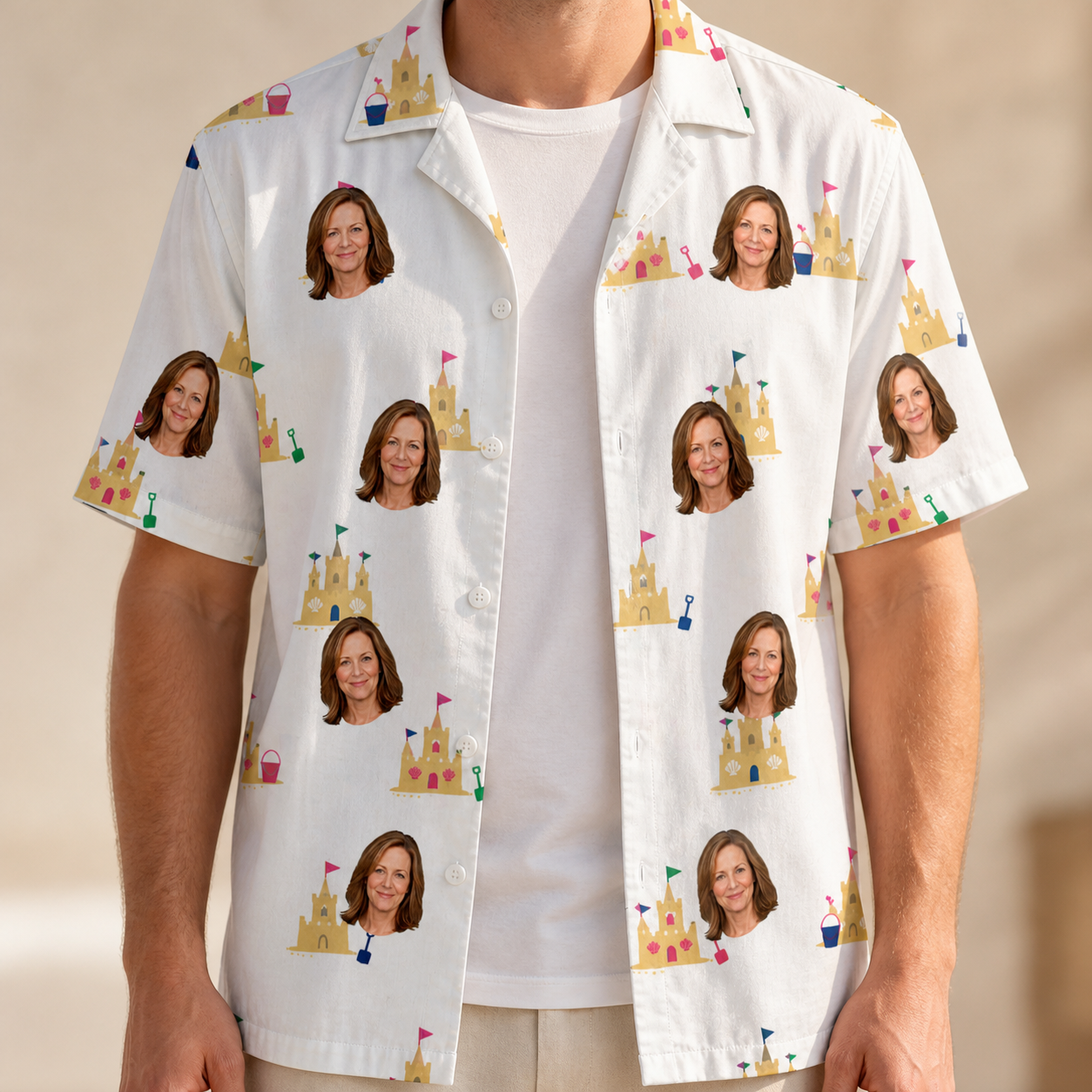 Man wearing Men's Dune Dynasty Custom Face Hawaiian Shirt open over a white tee