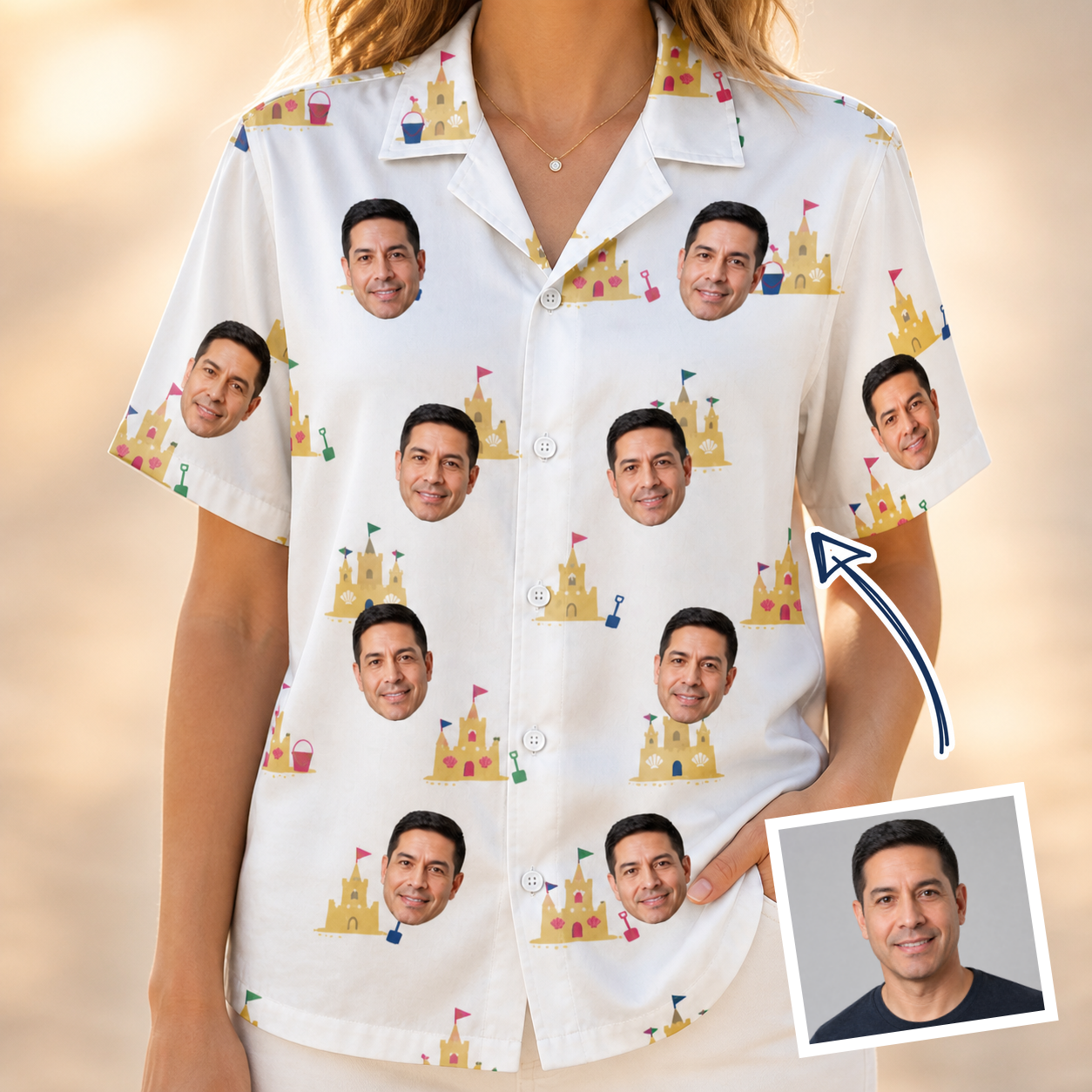 Woman wearing Women's Dune Dynasty Custom Face Hawaiian Shirt — custom faces printed all-over