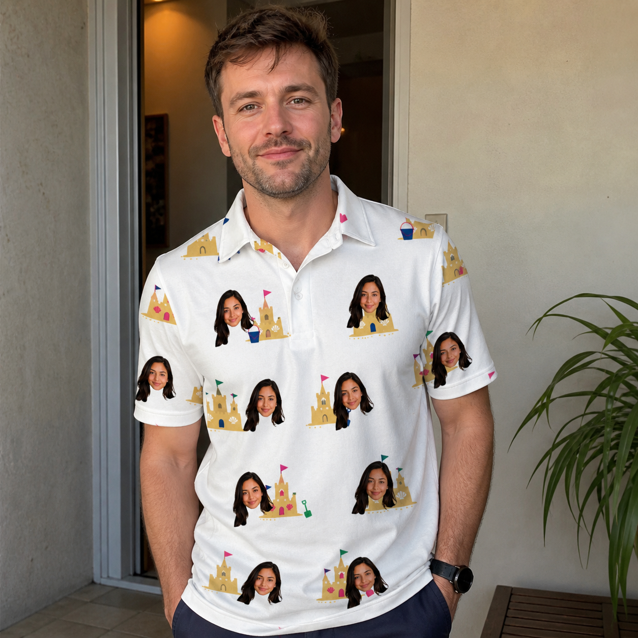 Real-life photo of someone wearing Men's Dune Dynasty Custom Face Polo Shirt — custom faces printed all-over