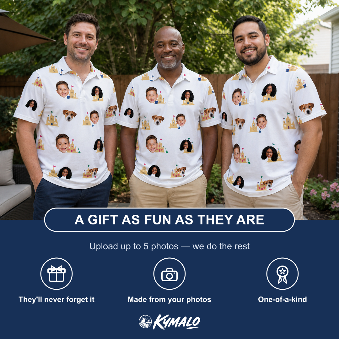 Friends in matching Men's Dune Dynasty Custom Face Polo Shirt — a group gift photo