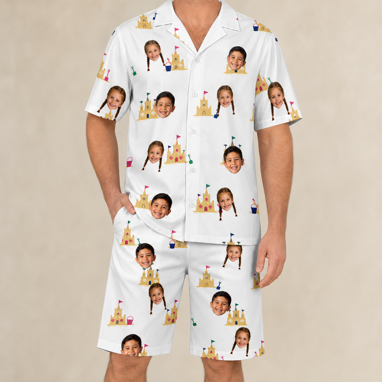 Model wearing Men's Dune Dynasty Custom Face Shirt & Shorts Set printed with kids' faces