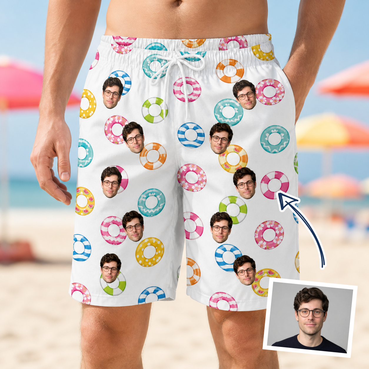 Man wearing Men's Rainbow Ripples Custom Face Beach Shorts — custom faces printed all-over