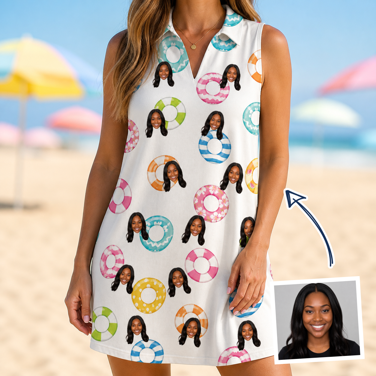 Woman wearing Women's Rainbow Ripples Custom Face V-Neck Dress — custom faces printed all-over