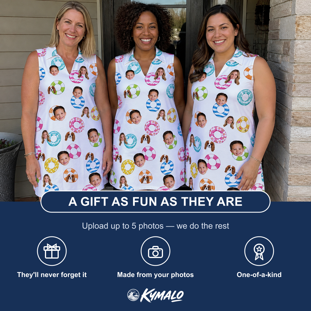 Friends in matching Women's Rainbow Ripples Custom Face V-Neck Dress — a group gift photo