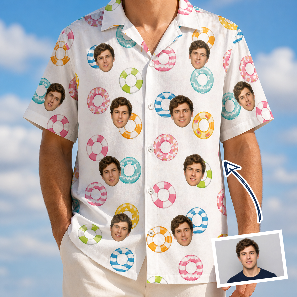 Man wearing Men's Rainbow Ripples Custom Face Hawaiian Shirt — custom faces printed all-over