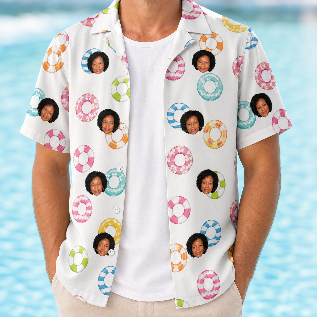 Man wearing Men's Rainbow Ripples Custom Face Hawaiian Shirt open over a white tee