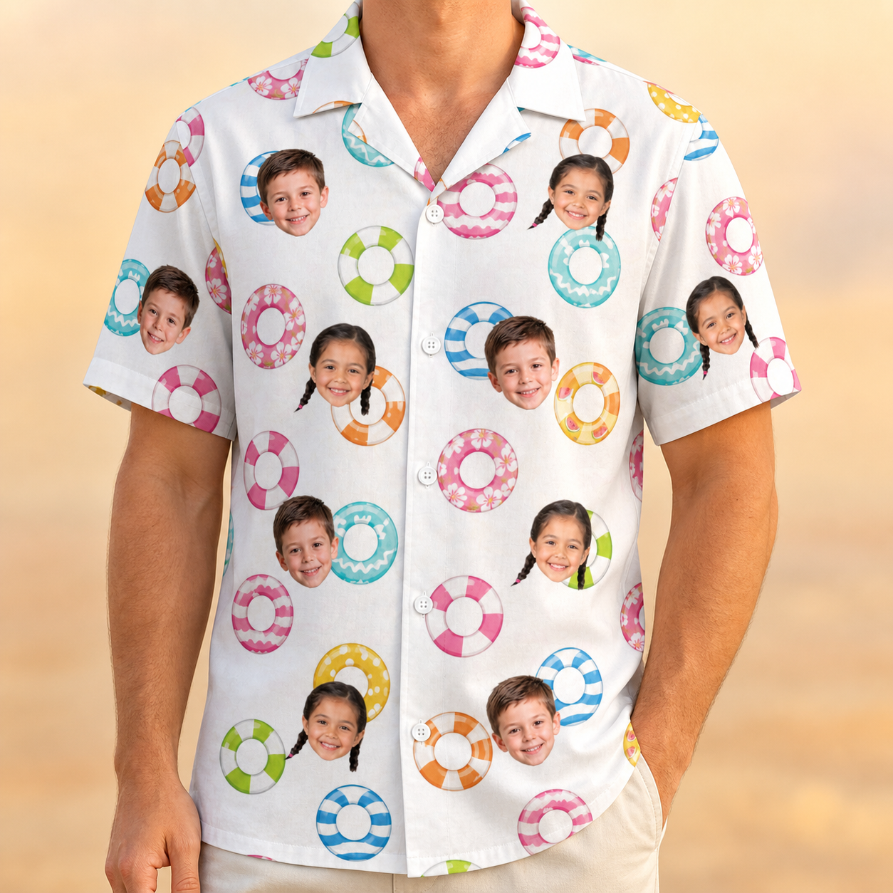Model wearing Men's Rainbow Ripples Custom Face Hawaiian Shirt printed with kids' faces