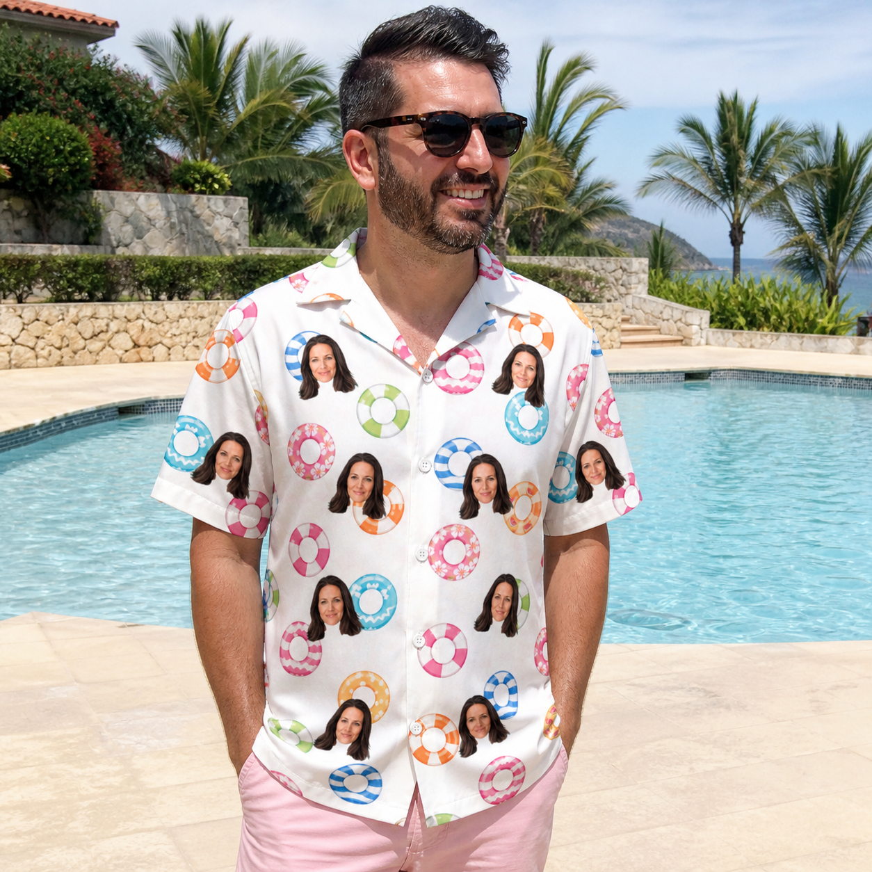 Real-life photo of someone wearing Men's Rainbow Ripples Custom Face Hawaiian Shirt — custom faces printed all-over