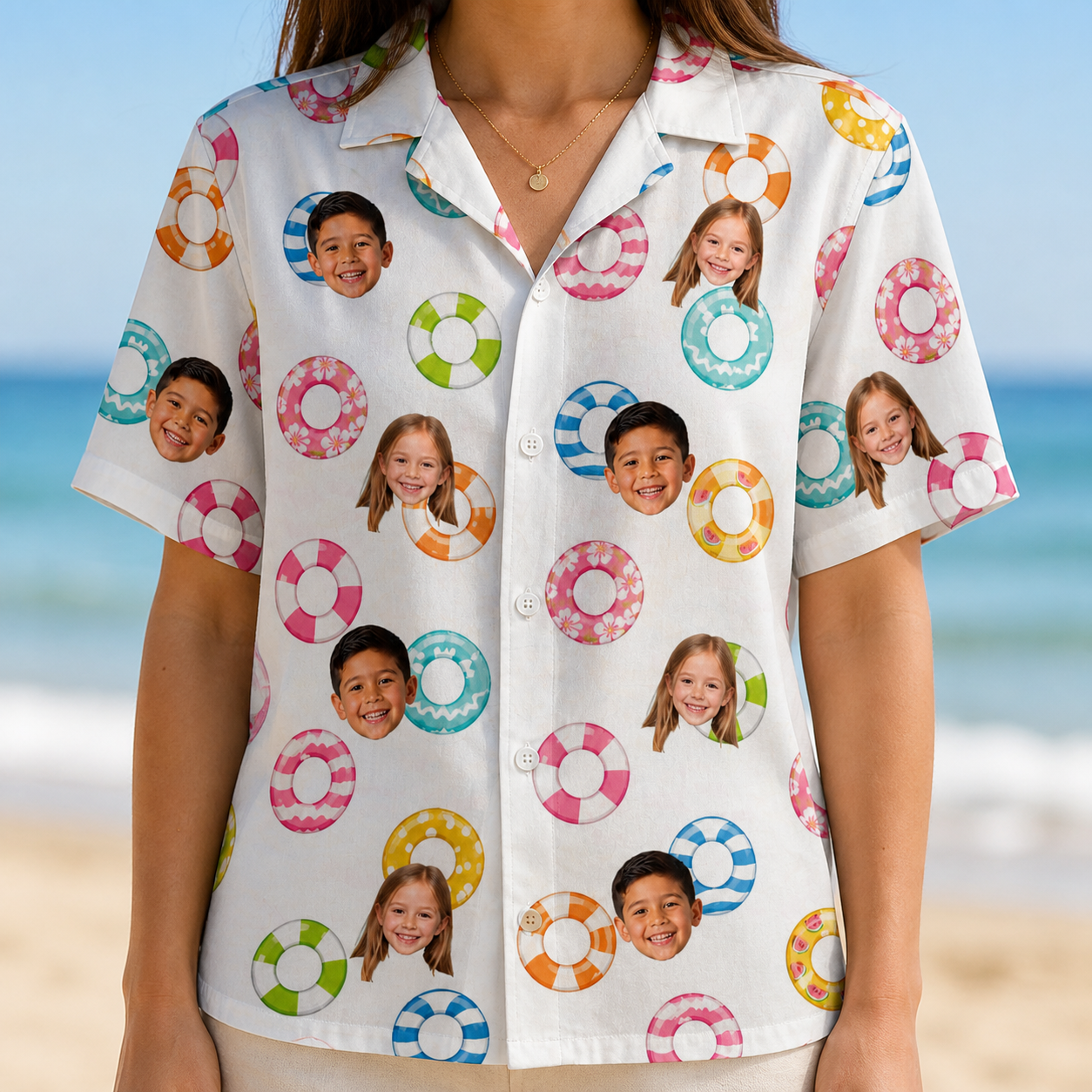 Model wearing Women's Rainbow Ripples Custom Face Hawaiian Shirt printed with kids' faces
