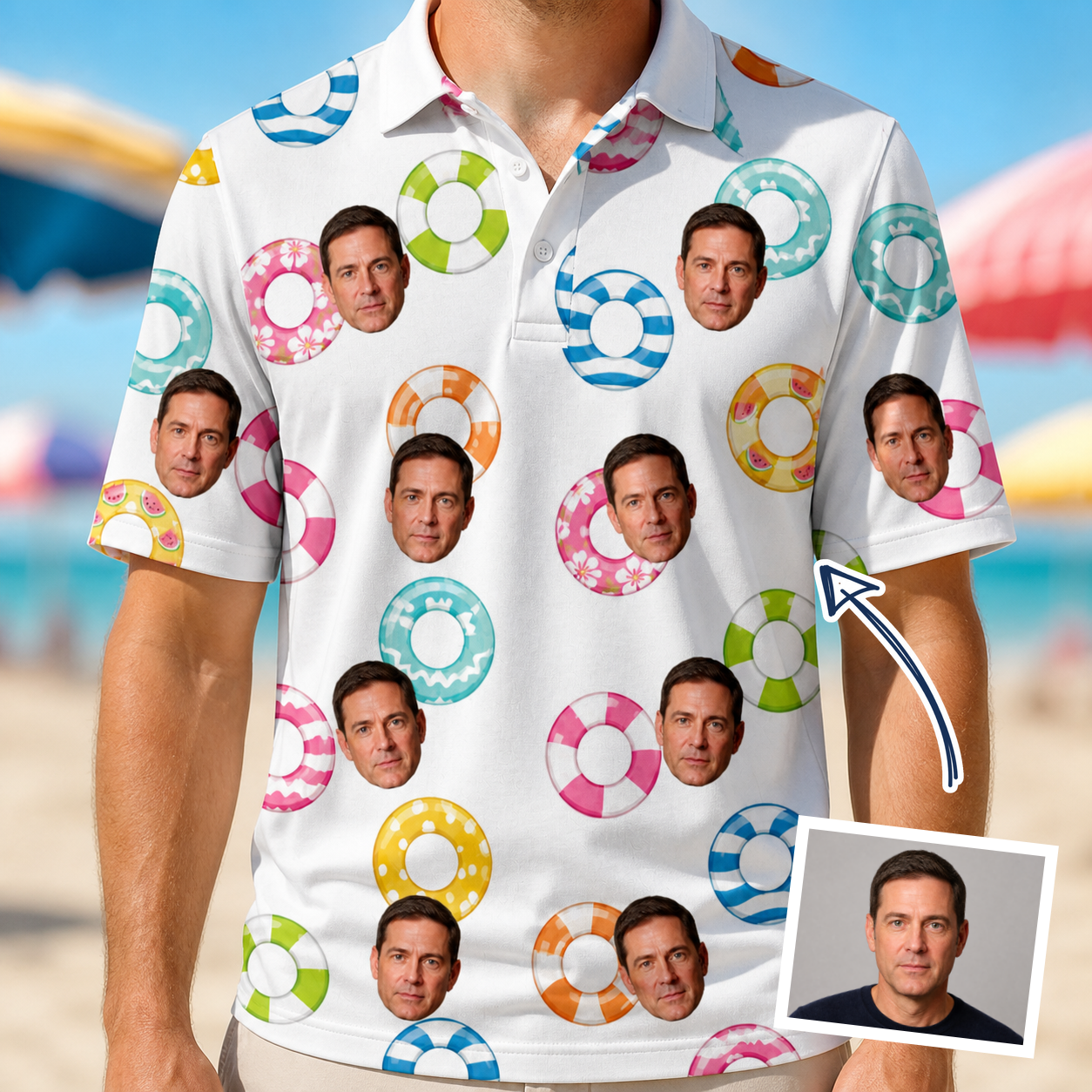 Man wearing Men's Rainbow Ripples Custom Face Polo Shirt — custom faces printed all-over