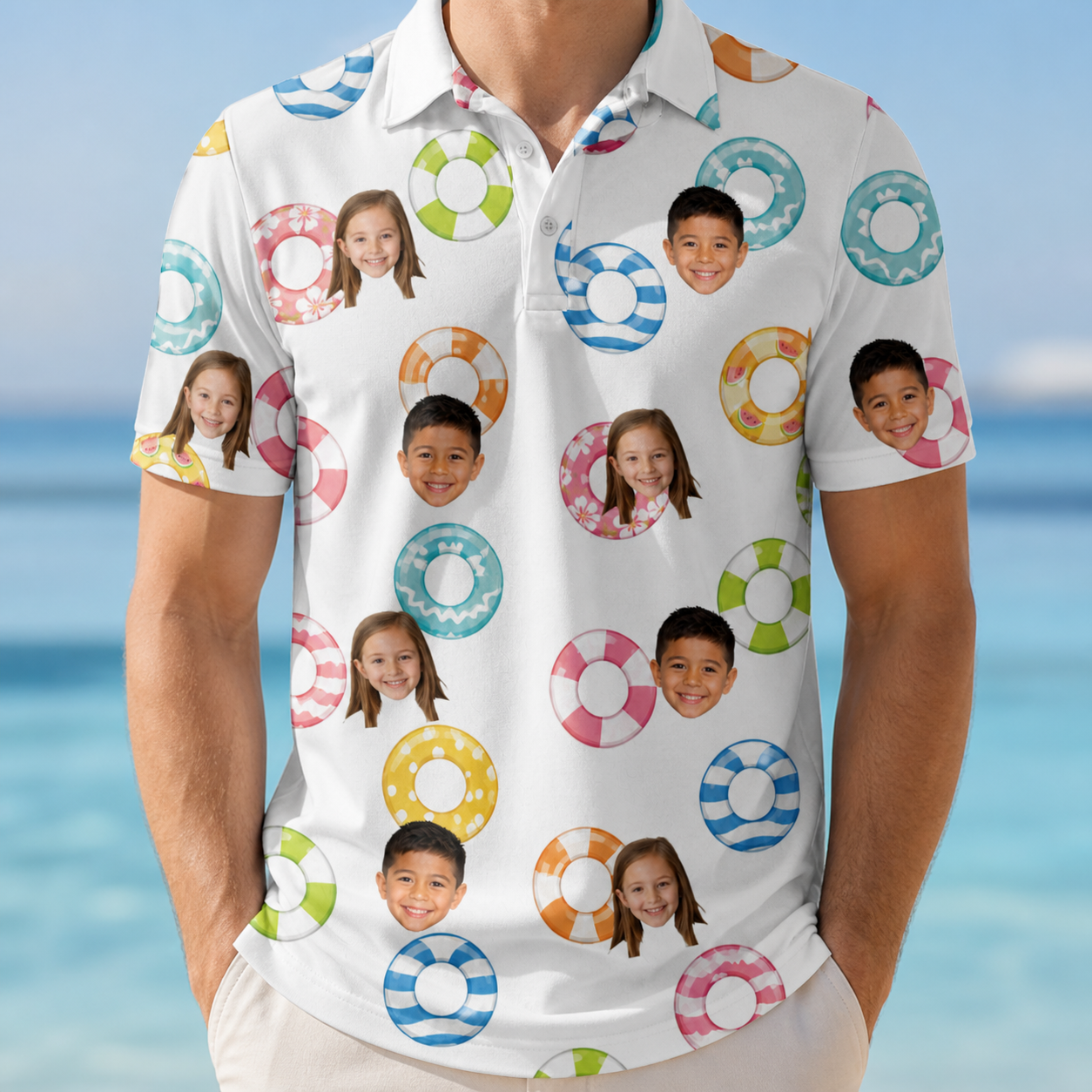 Model wearing Men's Rainbow Ripples Custom Face Polo Shirt printed with kids' faces