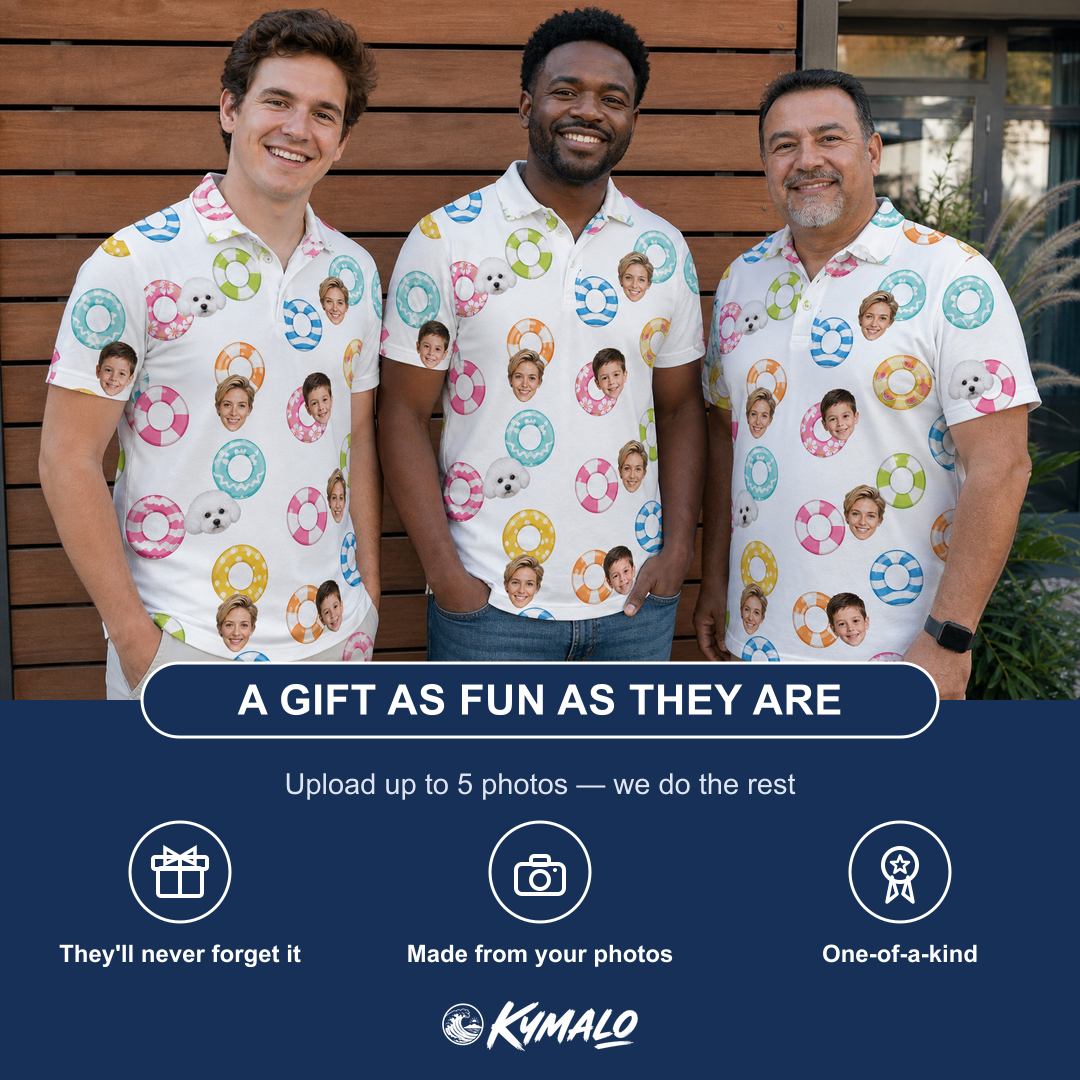 Friends in matching Men's Rainbow Ripples Custom Face Polo Shirt — a group gift photo